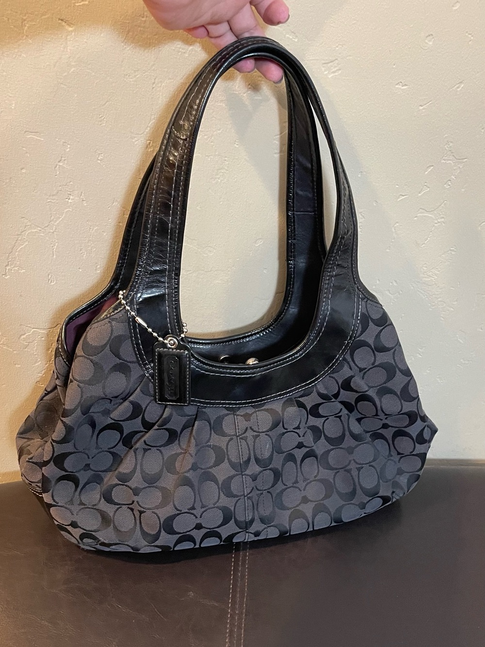 Coach Gray and Black Signature Shoulder Hobo Bag